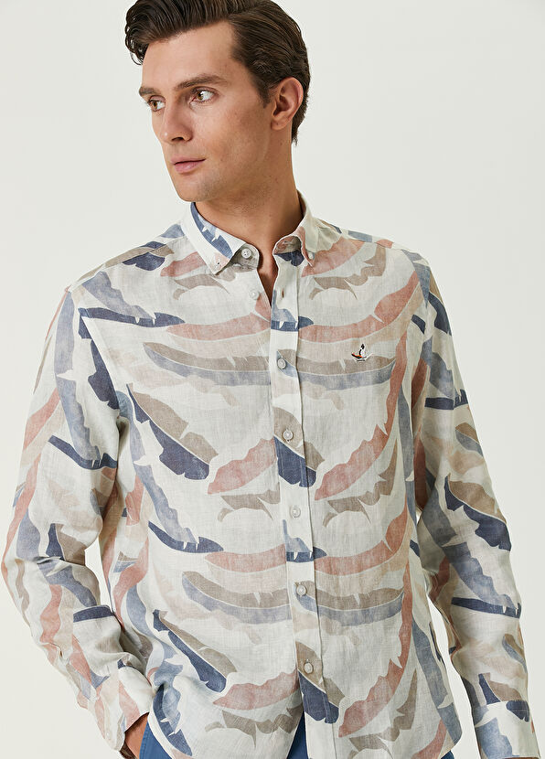 Beymen Club Comfort Fit Ecru Leaf Patterned Linen Shirt - 2