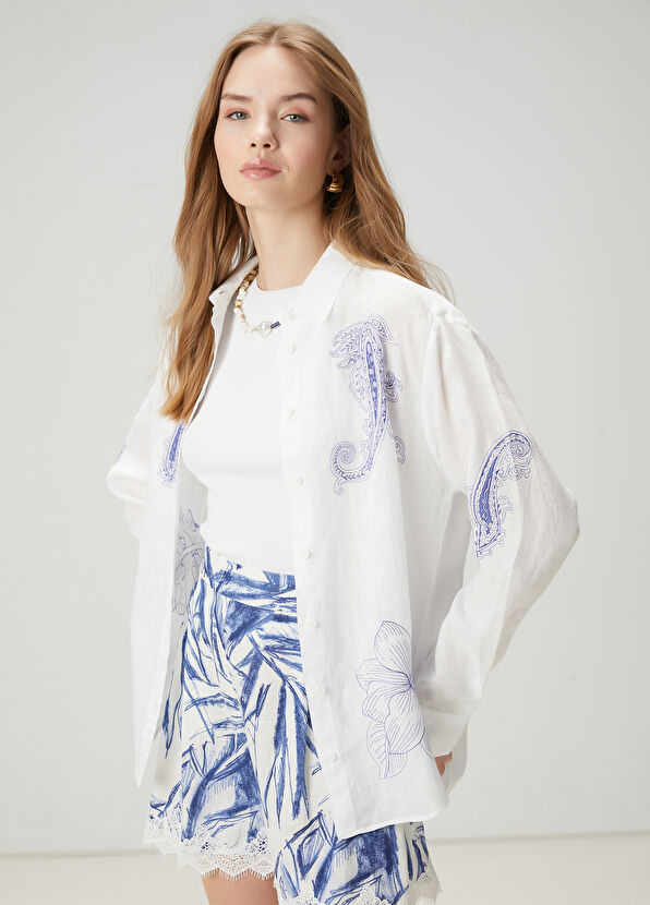 Beymen Club Beyaz Şal Desenli Keten Gömlek - 1