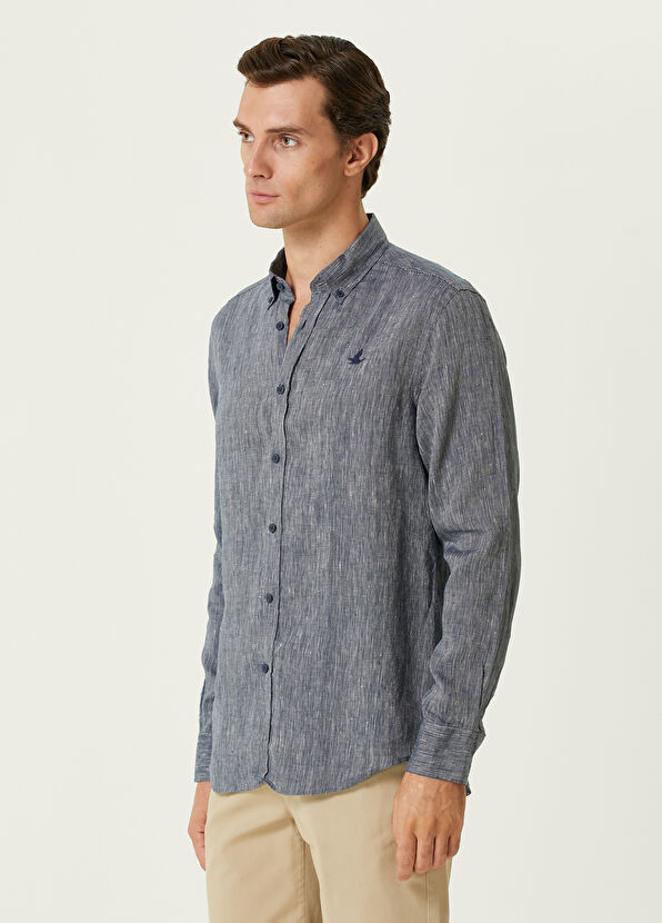 Beymen Club Comfort Fit Navy Blue White Linen Shirt - 2