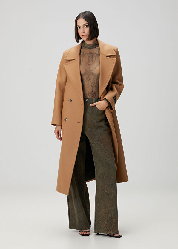 Camel Kruvaze Yün Palto - Görsel 3