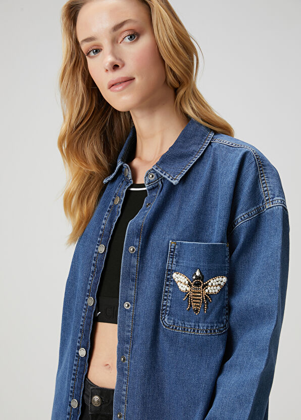 Beymen Club Mavi İşlemeli Denim Dış Gömlek - 2