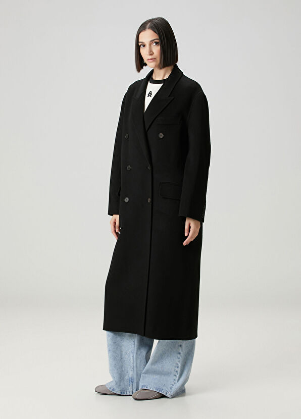 Siyah El Dikişli Yün Palto - Görsel 3