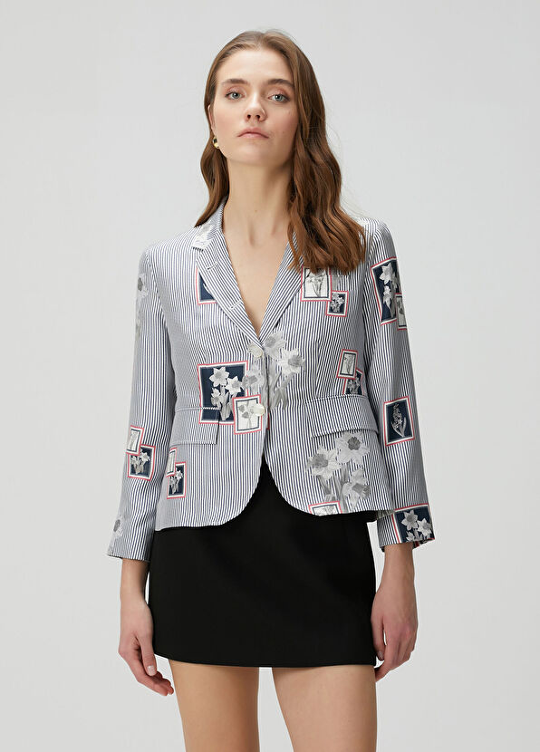 Thom Browne Lacivert Çizgili Twill İpek Ceket - 1