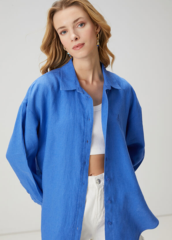 Beymen Club Oversize Blue Linen Shirt - 1