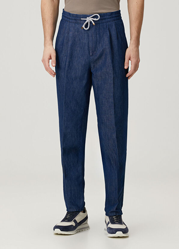 Brunello Cucinelli Lacivert Beli Kordonlu Çift Pilili Pantolon - 2