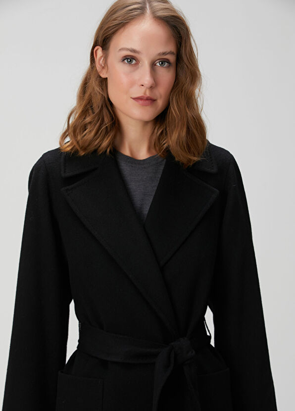 Siyah Beli Kuşaklı Kaşmir Palto - Görsel 4