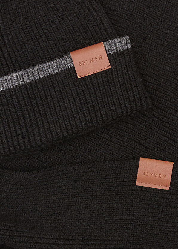 Siyah Çizgi Detaylı Unisex Atkı Bere Seti - Görsel 5