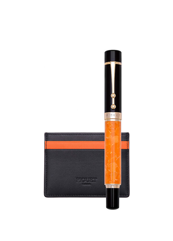 Piguet Taurus Rouge Rollerball Orange Pen and Leather Card Holder Set - 1