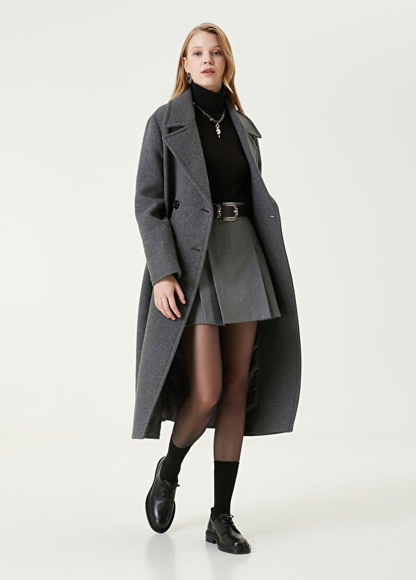 Beymen Club Gri Melanj Kruvaze Yün Kaşe Palto - 1