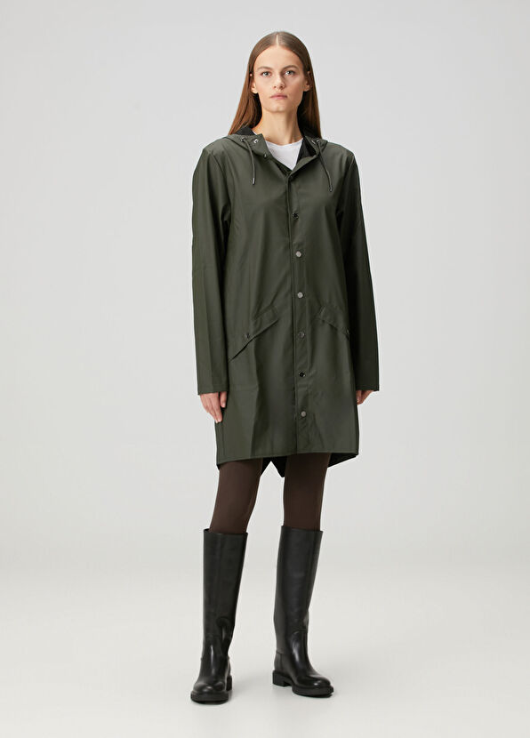 Koyu Yeşil Kapüşonlu Uzun Yağmurluk - Görsel 2