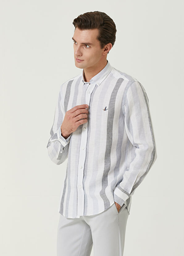 Beymen Club Comfort Fit Colorblocked Çizgili Keten Gömlek - 4