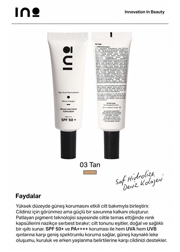INO Beauty 03 Tan SPF50+ Cilt Tonu Eşitleyici Yüz Güneş Kremi 50 ml - 2