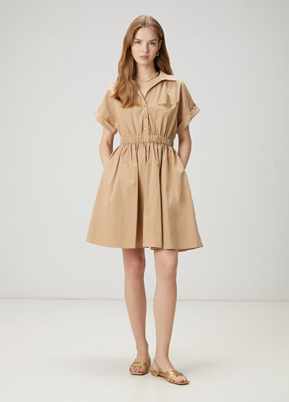 Beymen Club Bej İşlemeli Logolu Mini Gömlek Elbise - 1