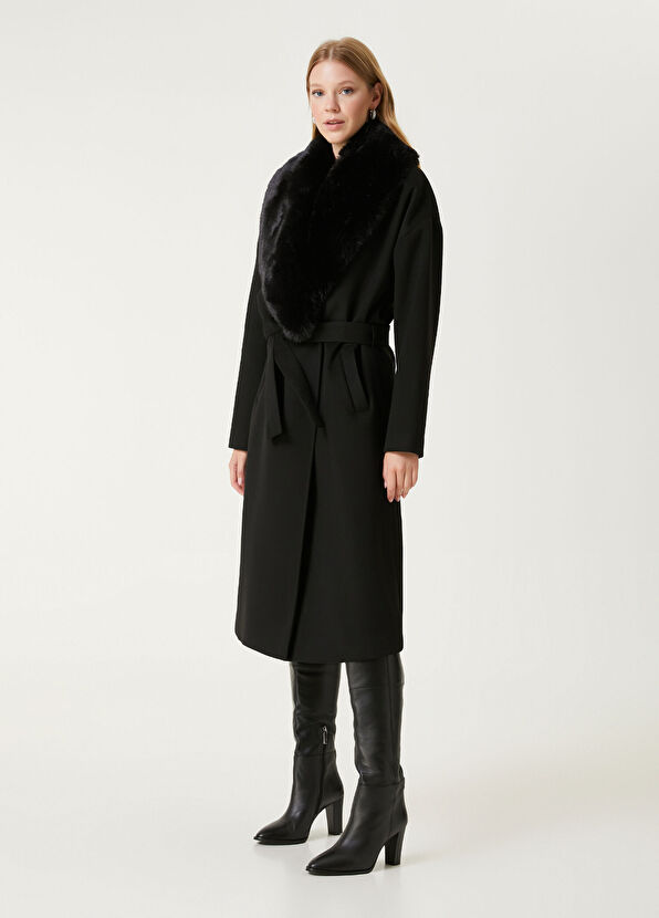 Beymen Club Siyah Yakası Suni Kürklü Kruvaze Kaşe Palto - 4