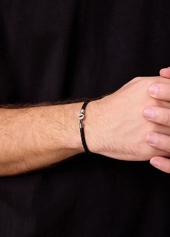 Siyah Deri Gümüş Kaplama Çelik Erkek Bileklik - Görsel 4
