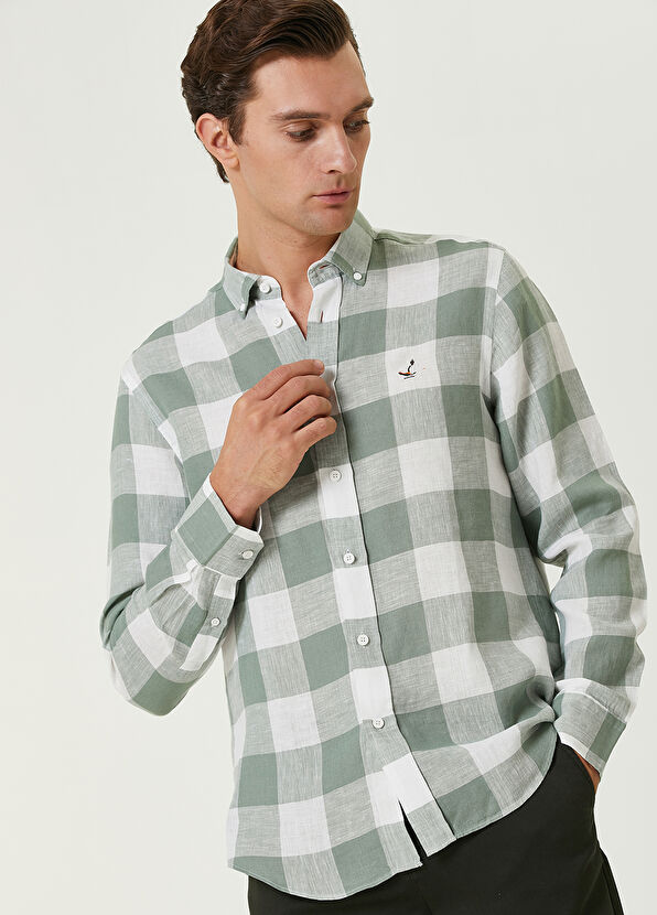 Beymen Club Comfort Fit Açık Haki Ekose Desenli Keten Gömlek - 2