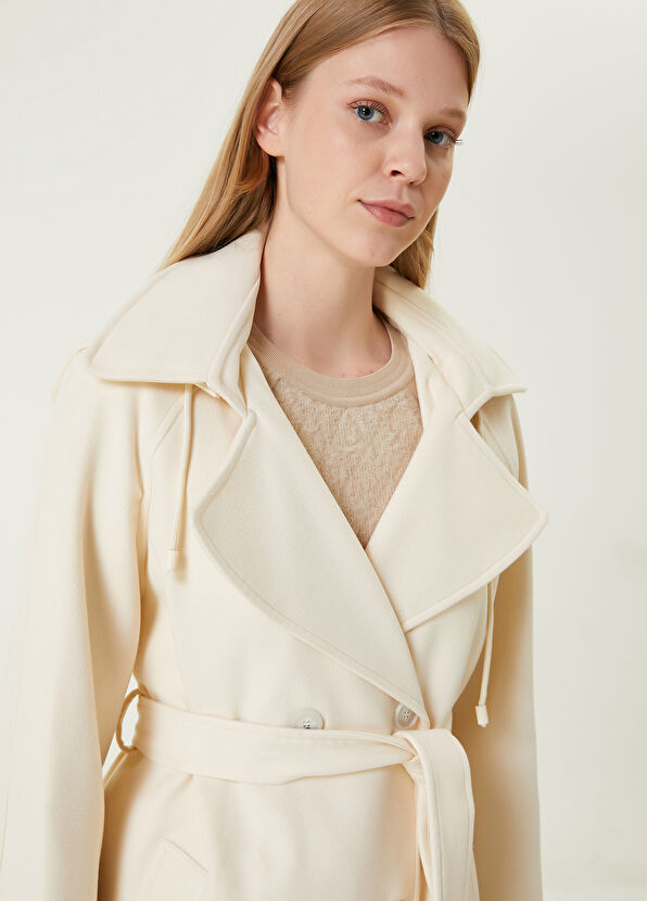 Beymen Club Kırık Beyaz Kapüşonlu Kruvaze Kaşe Pardösü - 2