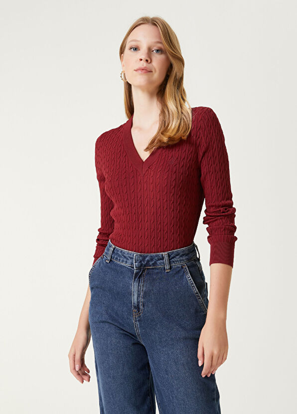 Beymen Club Burgundy Knit Textured Sweater - 1