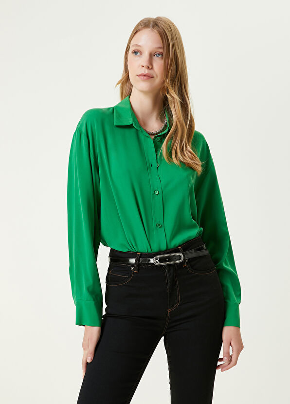 Beymen Club Yeşil Boyfriend Twill İpek Gömlek - 1