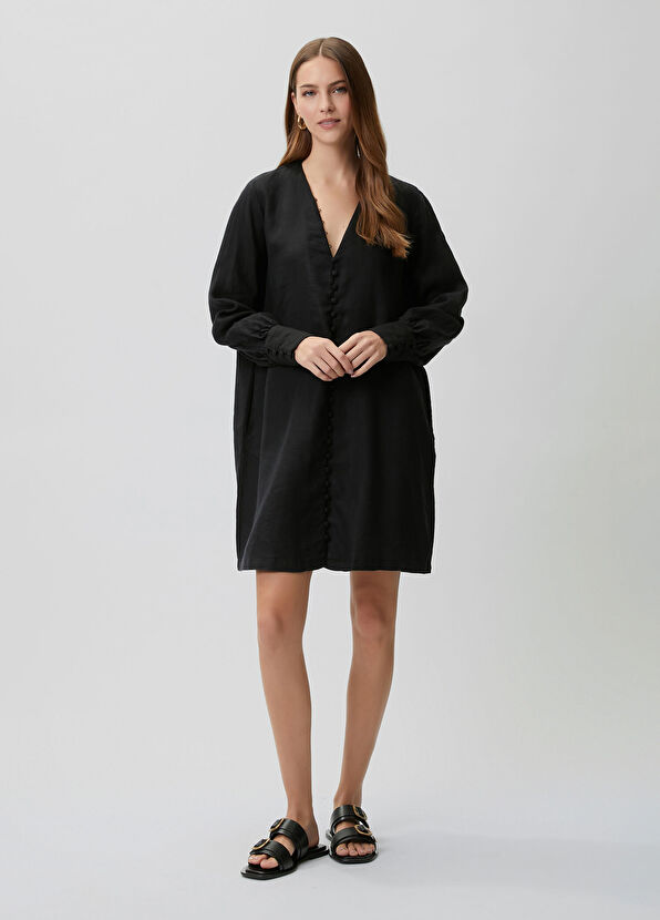Beymen Club Oversize Siyah Kısa Keten Elbise - 1