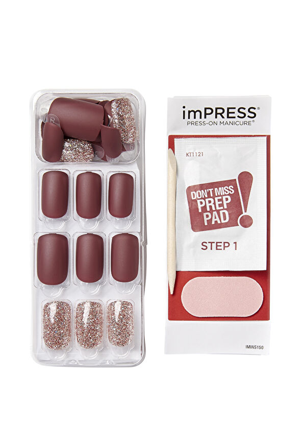 Impress Matte Burgundy Glitter Self-Adhesive Long Fake Nail - 4