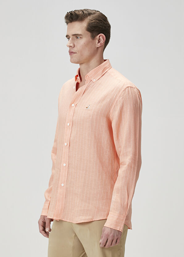 Beymen Club Comfort Fit Apricot Striped Linen Shirt - 4