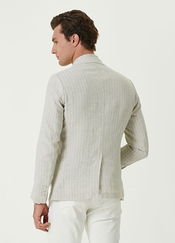 Beymen Club Bej Çizgi Desenli Keten Ceket - 4