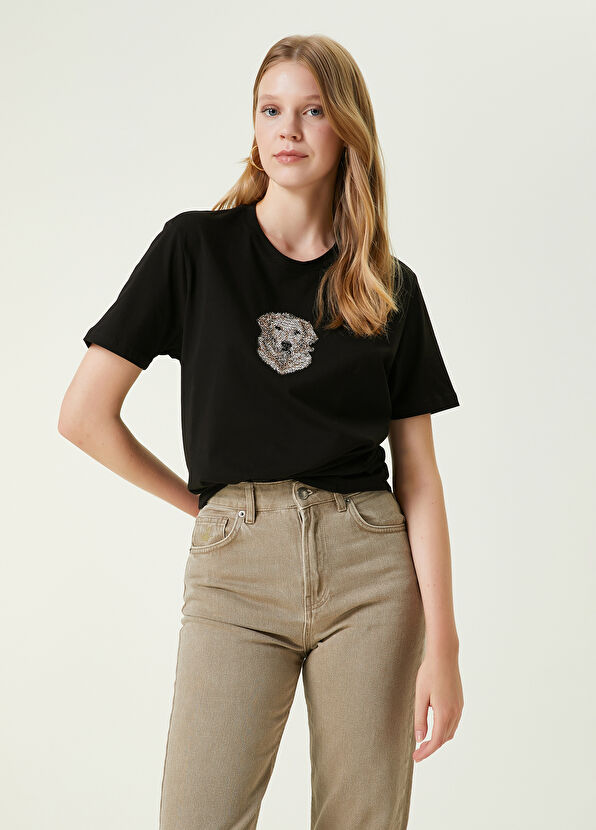 Beymen Club Black Dog Patterned Rhinestone T-shirt - 1