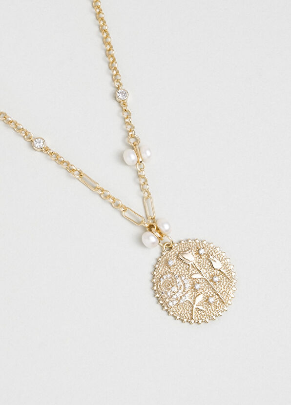 So Chic Love and Rose Medallion Silver 18K Yellow Gold Plated Women's Necklace - 4