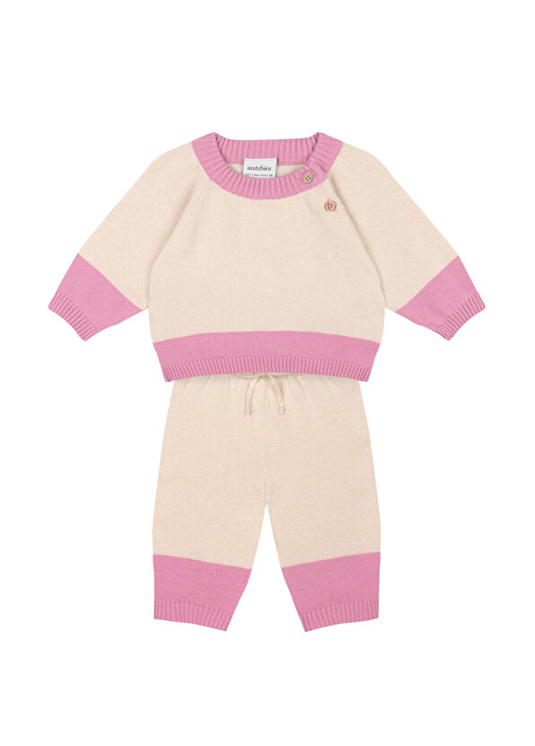 Antebies Krem Rengi Pembe Kontrastlı Kazak Pantolon Kız Bebek 2'li Triko Set - 1