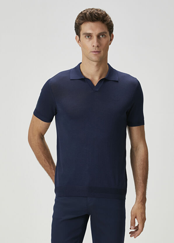 Beymen Club Navy Blue Short Sleeve Silk Polo Sweater - 3
