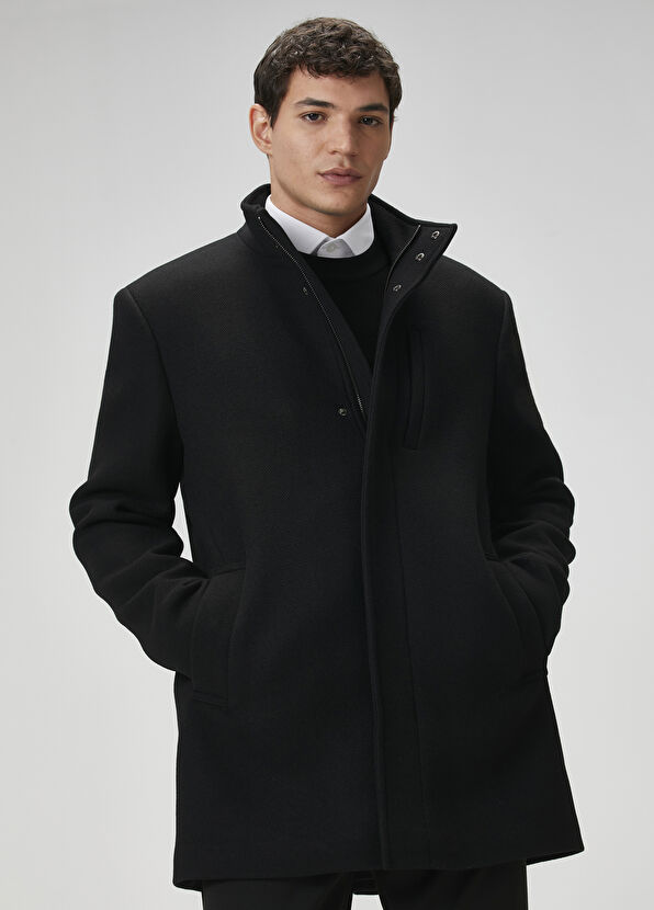 Beymen Club Siyah Diyagonal Dokulu Yün Kaban - 2