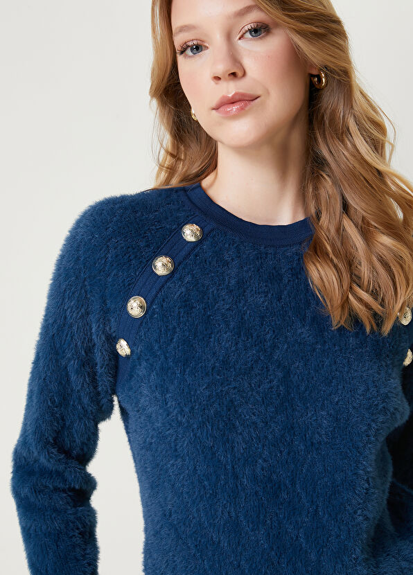 Teal Blue Gold Buttoned Sweater Beymen Club Teal Blue Gold Buttoned Sweater - 2