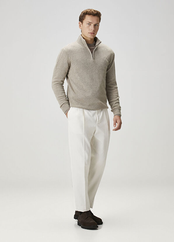 120% Lino Beige Collar Zipper Cashmere Sweater - 2