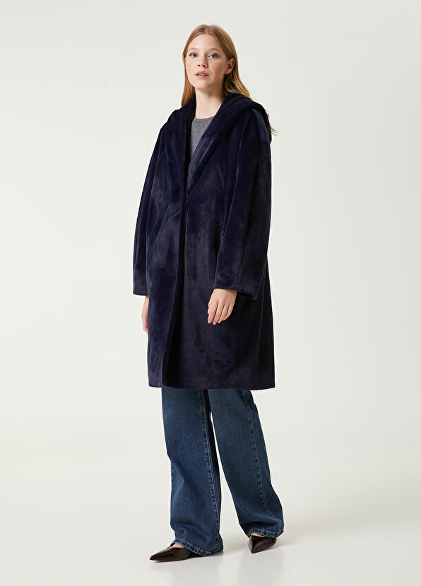 Beymen Club Navy Blue Hooded Faux Fur Coat - 4