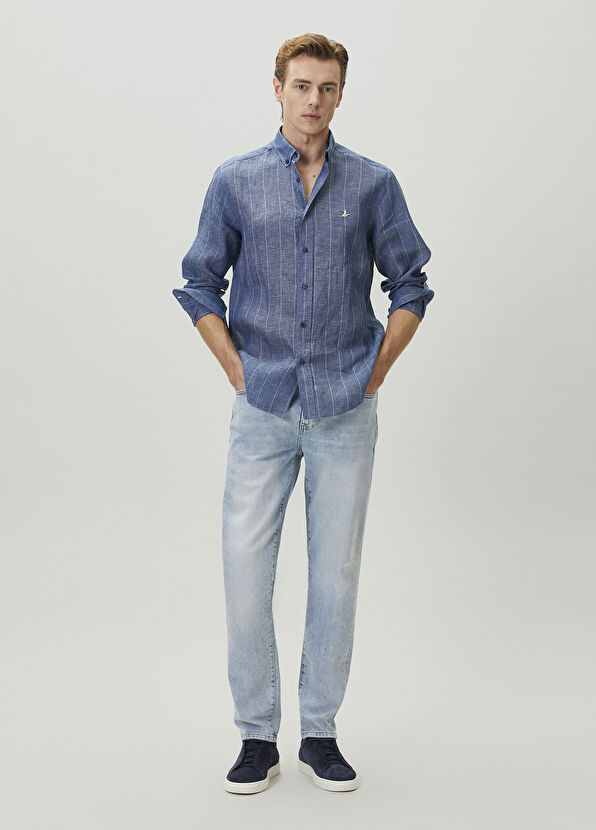 Beymen Club Comfort Fit Navy Blue Striped Linen Shirt - 3