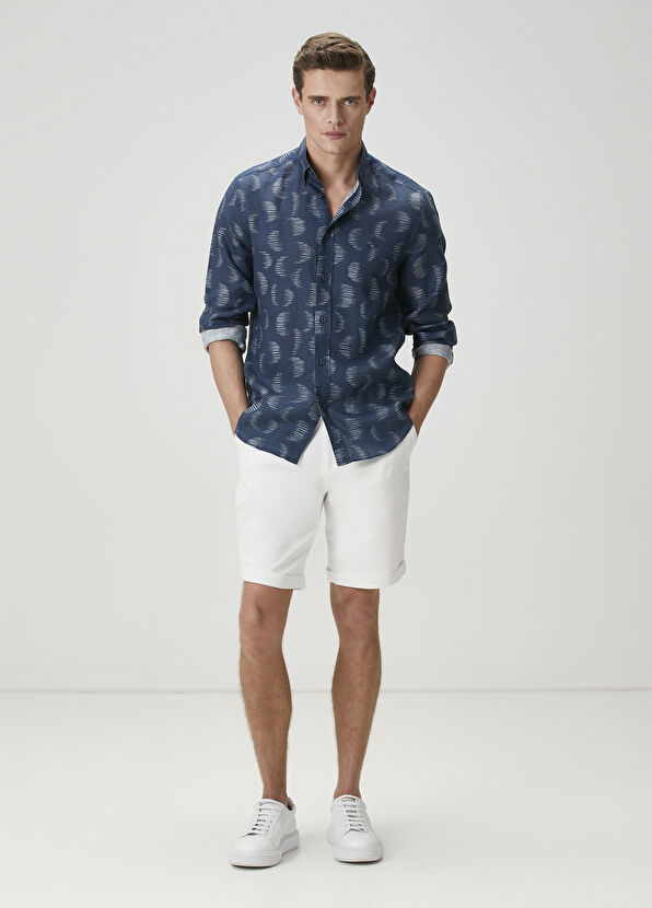 Beymen Club Comfort Fit Navy Blue Patterned Linen Shirt - 3