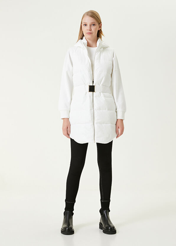 Beymen Club Beyaz Kapüşonlu Kemerli Puff Yelek - 2