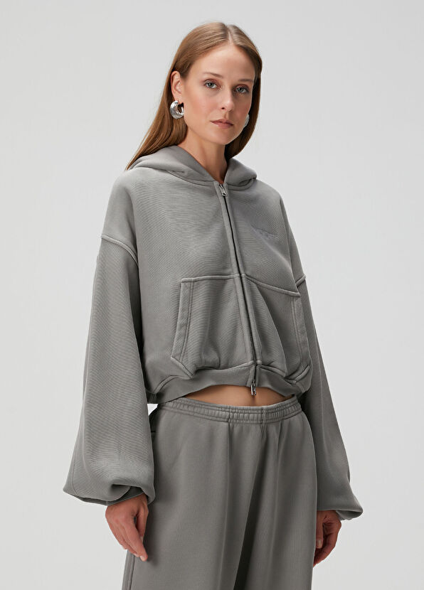 Alexander Wang Oversized Gri Kapüşonlu Fermuarlı Sweatshirt - 1