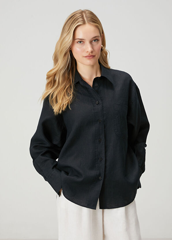 Beymen Club Oversize Black Linen Shirt - 2