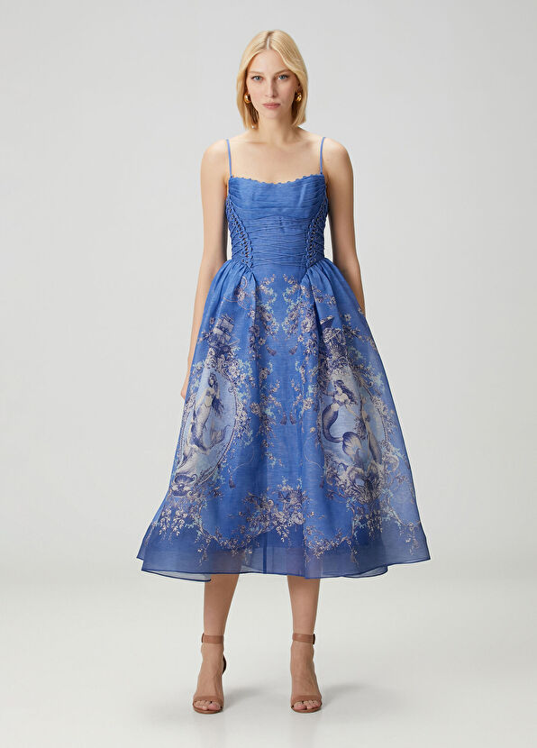 Rebellion Mermaid Mavi Midi Abiye Keten Elbise - Görsel 2