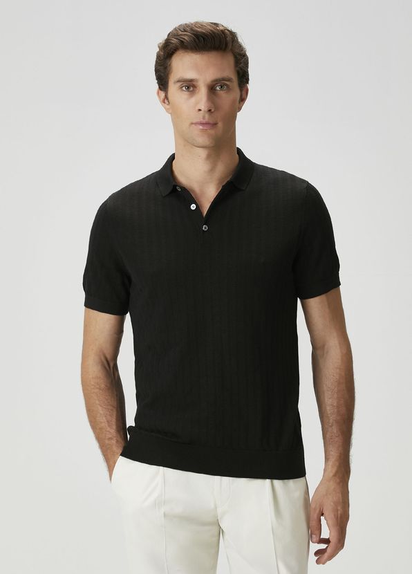 Beymen Collection Siyah Polo Yaka Ajurlu Kısa Kollu Triko - 1