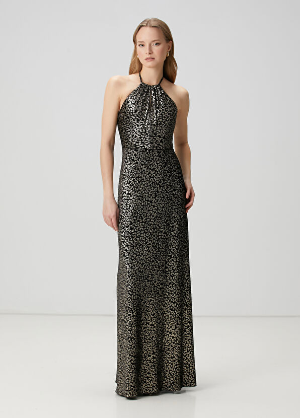Beymen Club Black Leopard Printed Maxi Velvet Evening Dress - 4