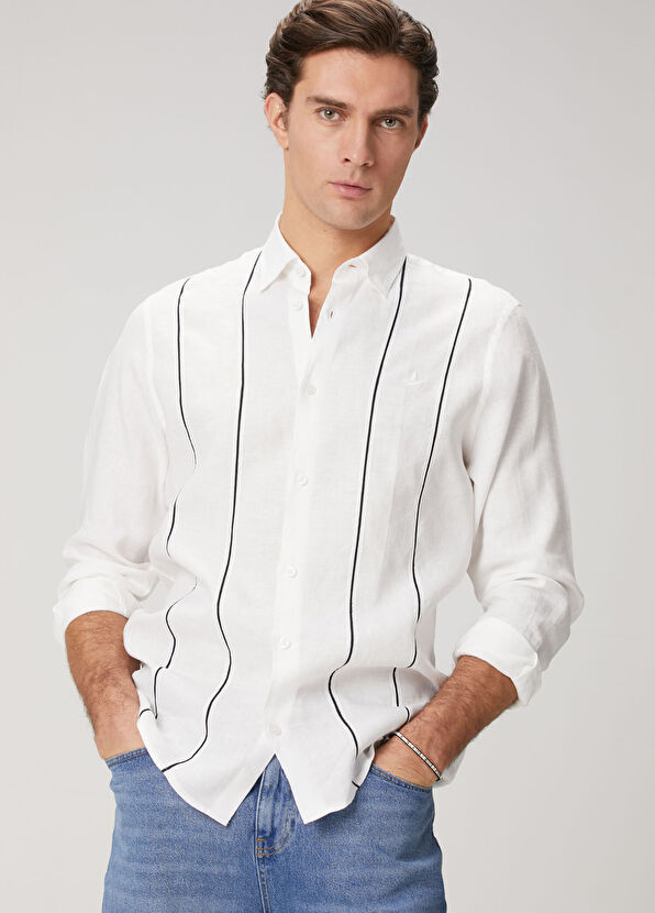 Beymen Club Comfort Fit Beyaz Dikey Biyeli Keten Gömlek - 1