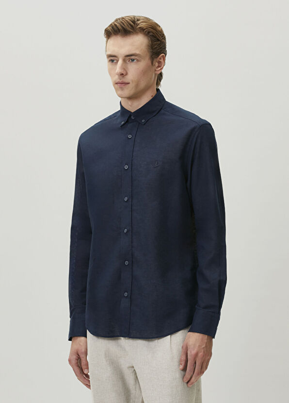 Beymen Club Comfort Fit Navy Blue Linen Shirt - 4