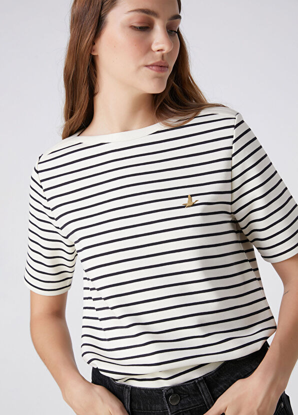 Beymen Club Navy Blue Ecru Stripe T-Shirt - 2