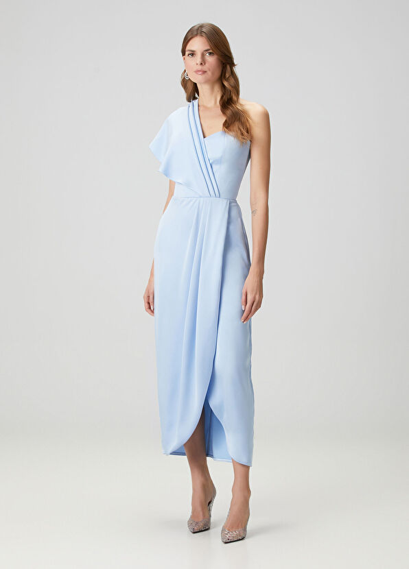 ZEYNEP ERDOGAN Açık Mavi Saten Asimetrik Kadın Uzun Abiye Elbise - 2