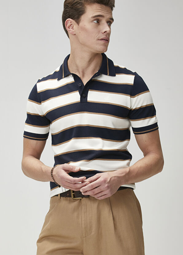 Beymen Club Lacivert Polo Yaka Çizgili Kısa Kollu Triko - 2