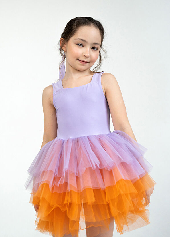 Mini Celebrities Lila Turuncu Kolsuz Kız Çocuk Tütülü Elbise - 4