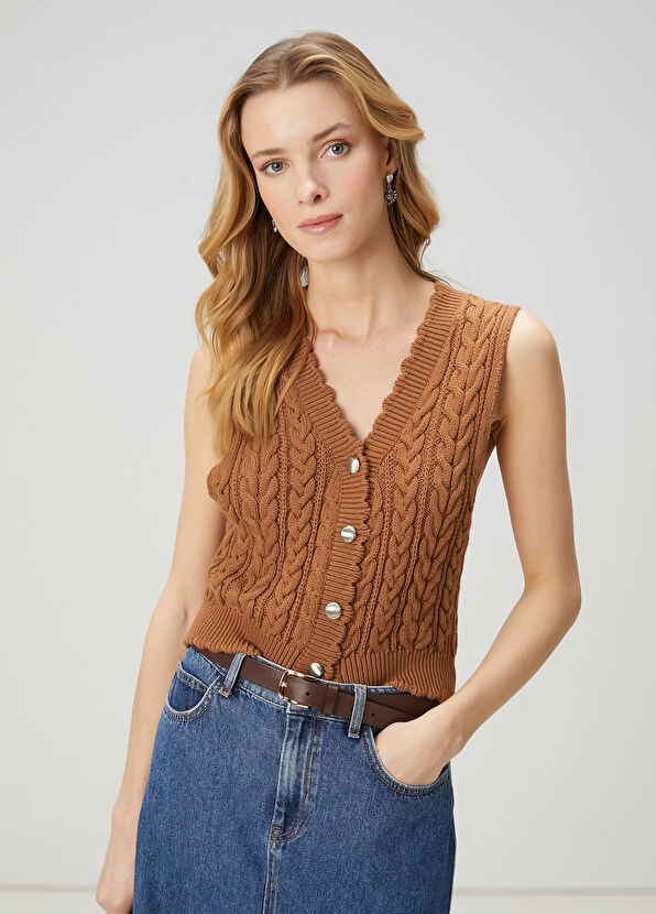 Beymen Club Kahverengi Saç Örgü Yelek - 4